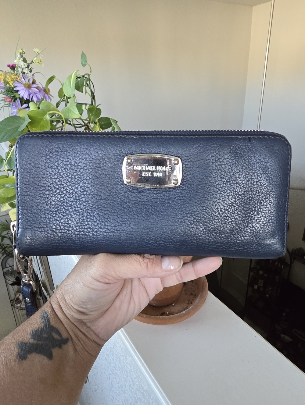Michael Kors Navy Blue Pebbled Leather Zip Wallet Wristlet with Silver Hardware